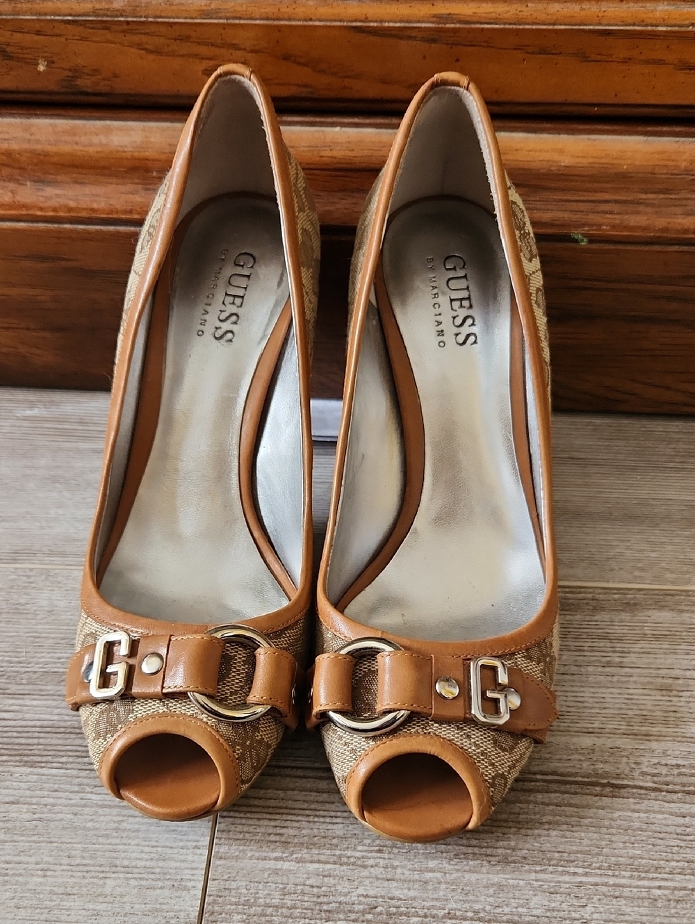 GUESS Tan Peep-Toe Heels with Silver G Logo Detail